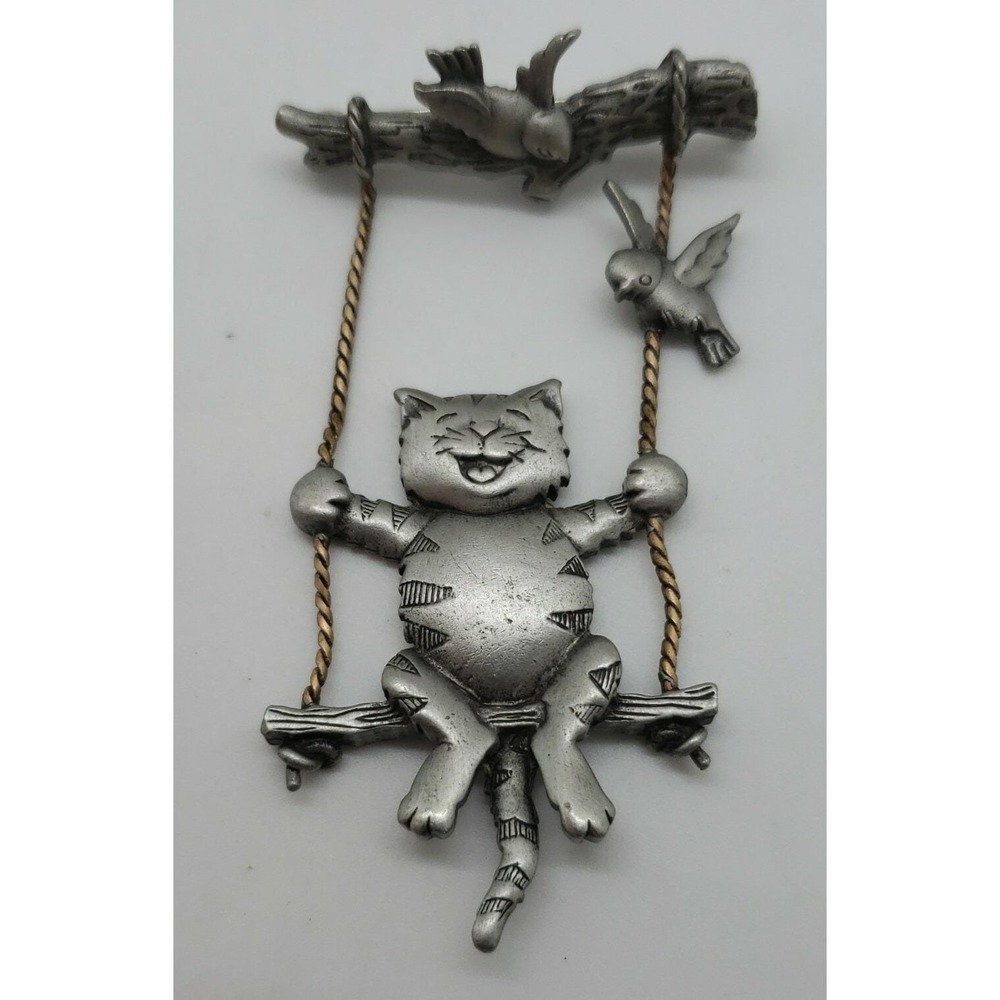 Vintage pewter tone‎ JJ Jonette CAT on swing with bird friends brooch pin